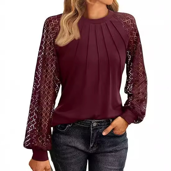 Women’s Lace Patchwork Round Neck Pleated Long Sleeve Top