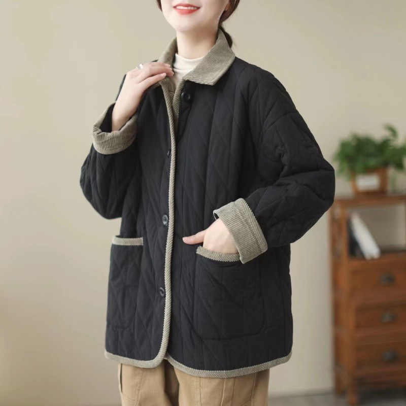 Vintage Collar Cotton-padded Clothes Stitching Rhombic Lapel Cotton-padded Loose Jacket