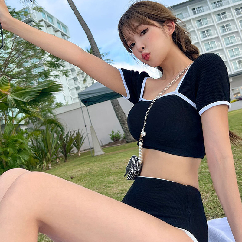 Slim High Waist Two-piece Short Sleeve Beach Vacation Swimsuit Women