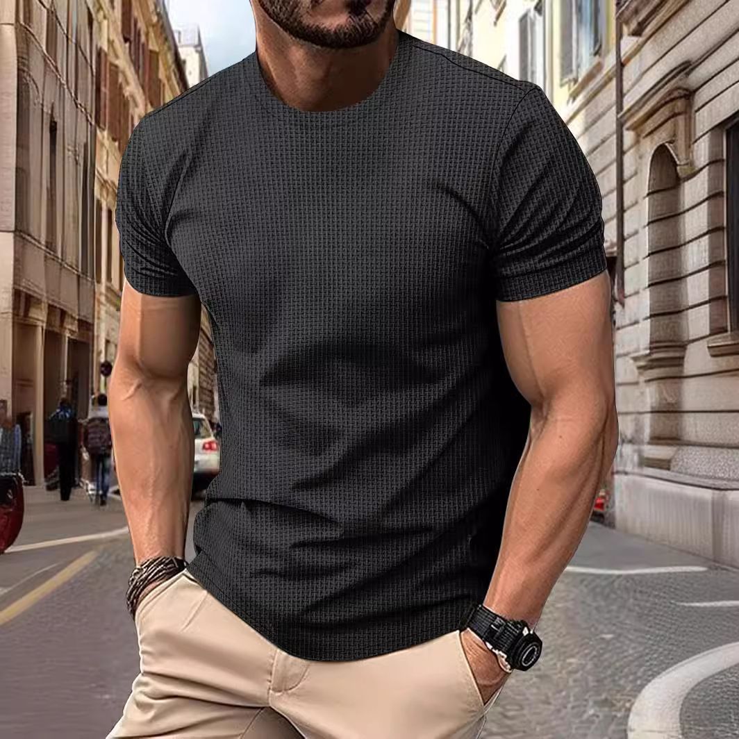 High-end Mesh Ice Silk Short Sleeve T-shirt Men’s Round Neck Summer Solid Color