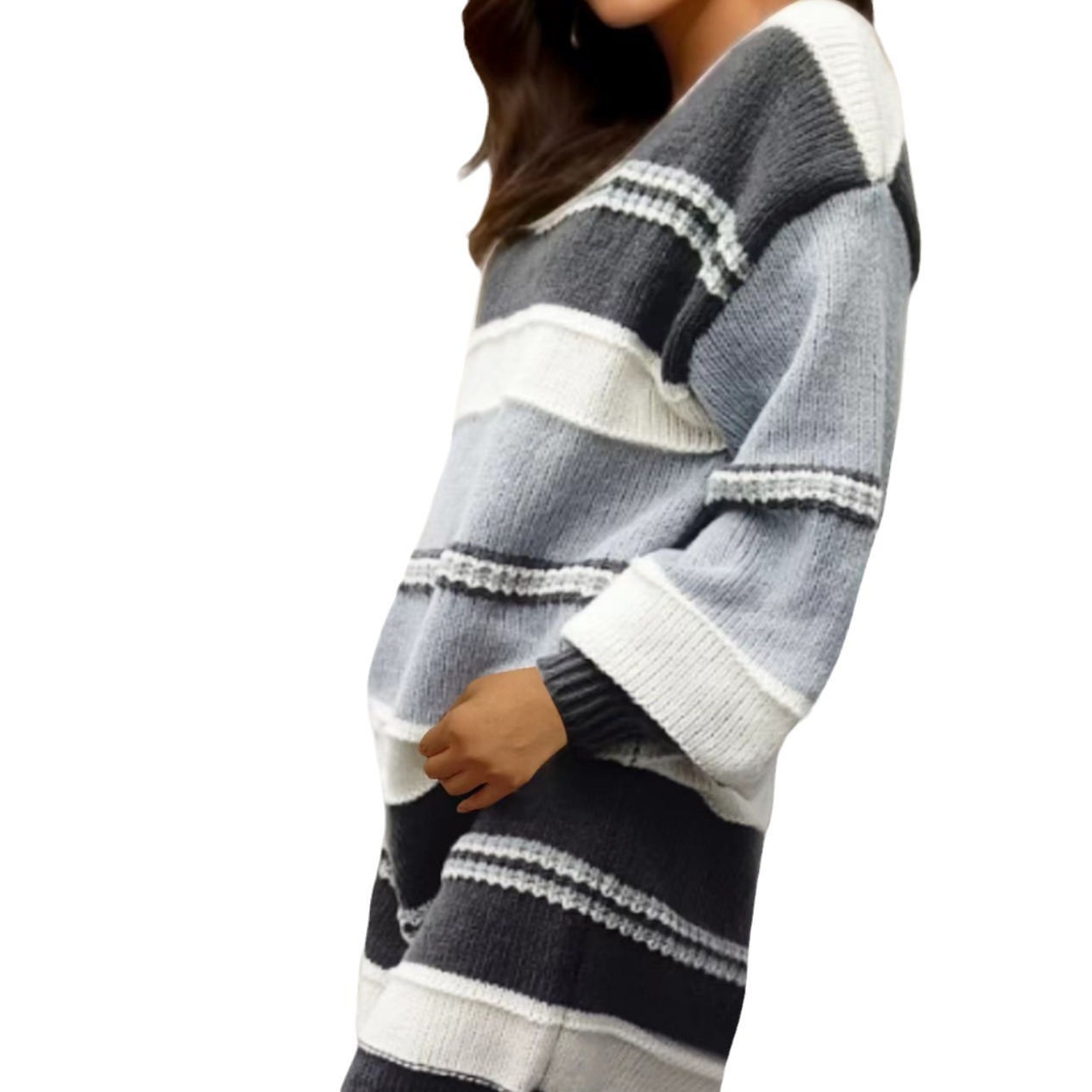 European And American Lazy Fashion Woven Striped Contrast Color Round Neck Lantern Sleeve Mid-length Sweater