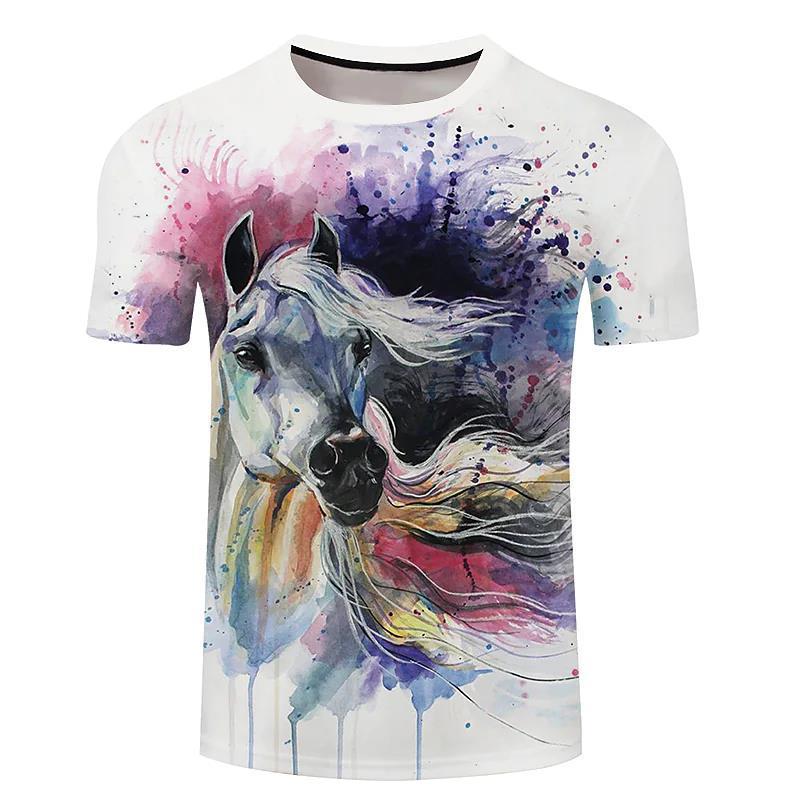 Men’s 3d Horse Printed T-shirt Riding Crew Neck Short Sleeve Streetwear Hip Hop Trend