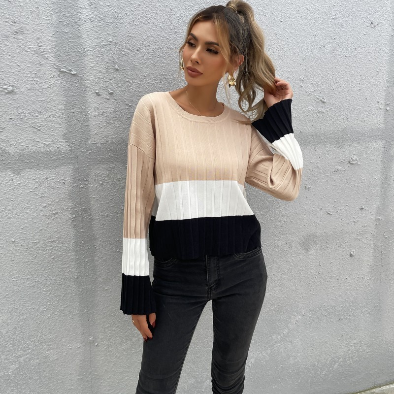 European And American Leisure Fashion Pullover Round Neck Long Sleeves Color Matching Sweater