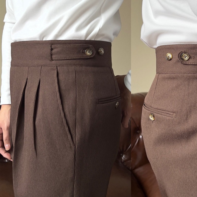 Men’s Versatile Italian Button Gorkha District High Waist Straight Drooping Trousers