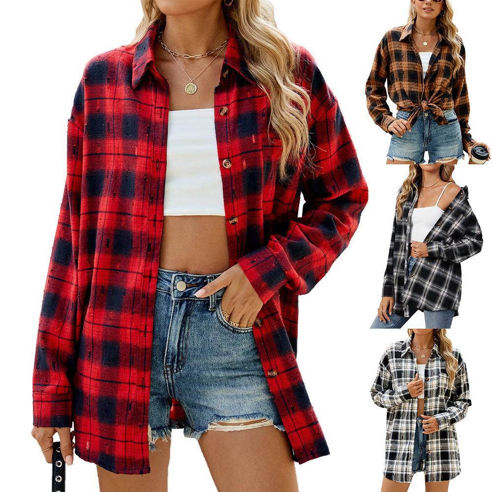 Fashion Retro Long Sleeve Loose Lapels Plaid Women