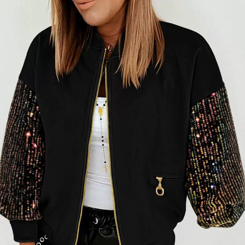 Women’s New Colorful Sequin Stitching Long-sleeved Coat