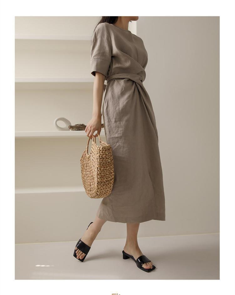 Korean Style Waist Slimming Temperament Irregular Linen Dress