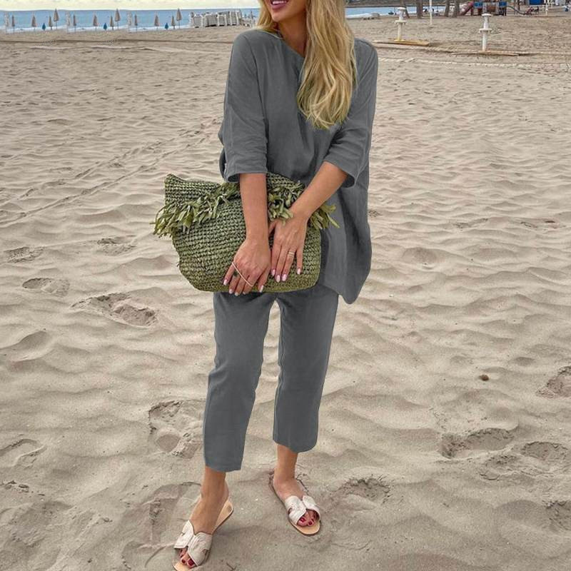 European And American Women’s Clothing Loose Fashion Casual Solid Color Cotton And Linen Two Suit