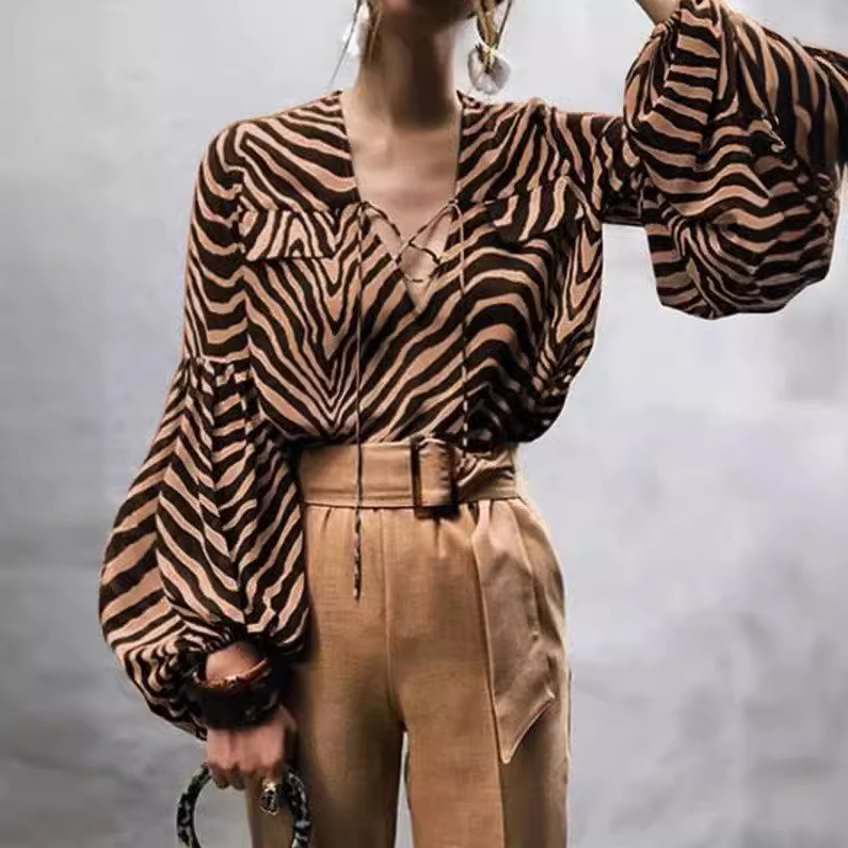 Women’s Clothing Spring And Summer  Zebra Prints V-neck Lace-up Long Sleeve Shirt