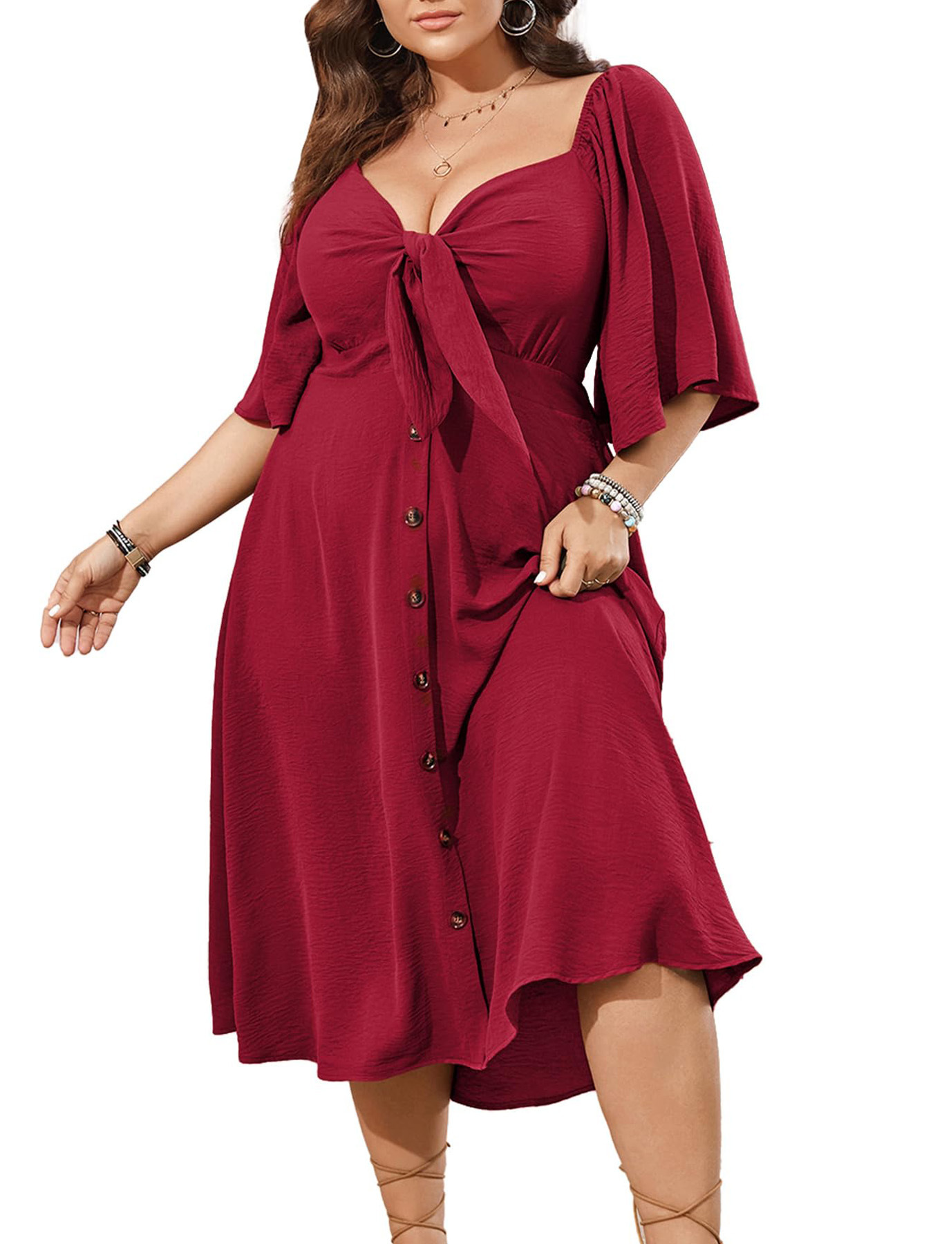 Women’s Fashion Bowknot V-neck Short Sleeve Dress