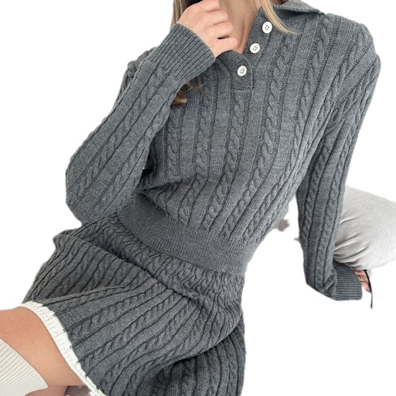 Long Sleeve Knitted Button Sweater Dress Suit Women