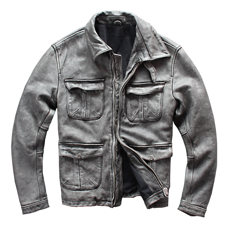 Men’s Business Shirt Pocket Motorcycle Clothing Leather Jacket Coat