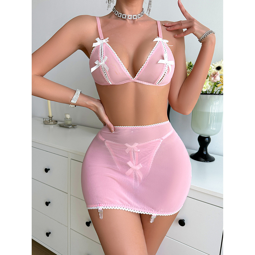 Bow Embroidery Hollow Underwear Suit