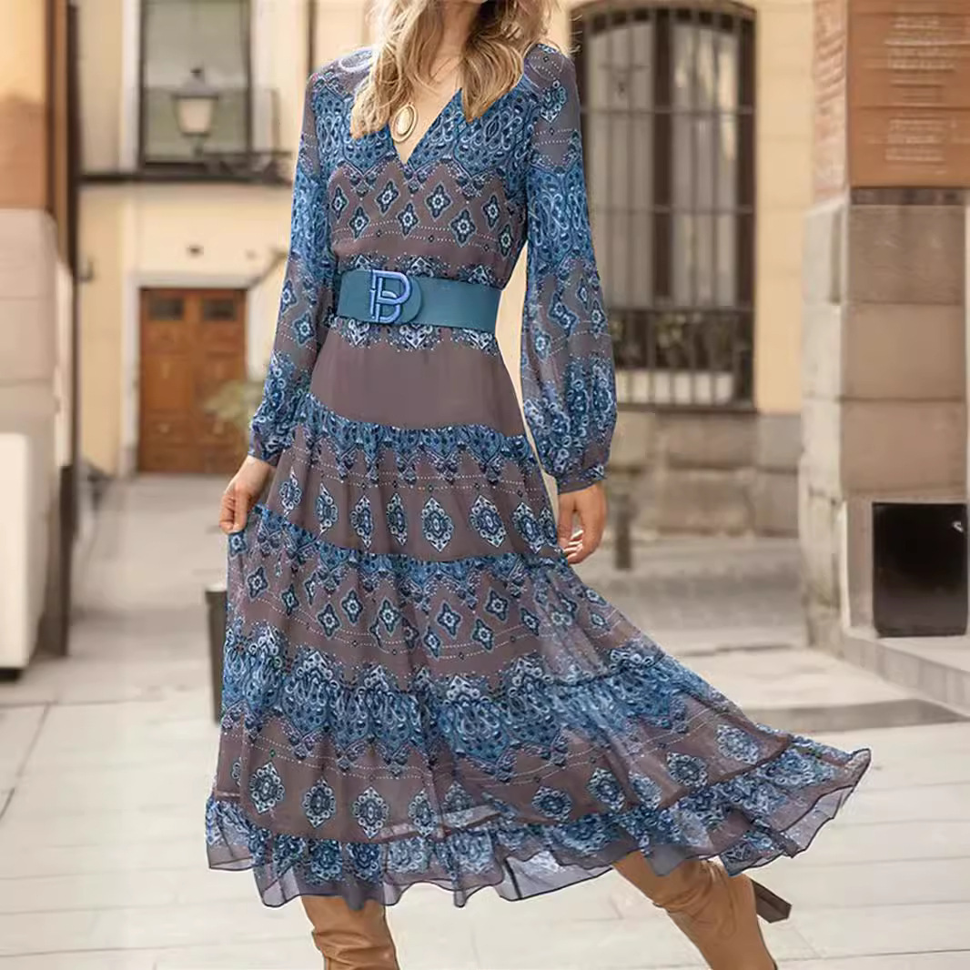 Ethnic Style Pattern Printing Large Swing Dress