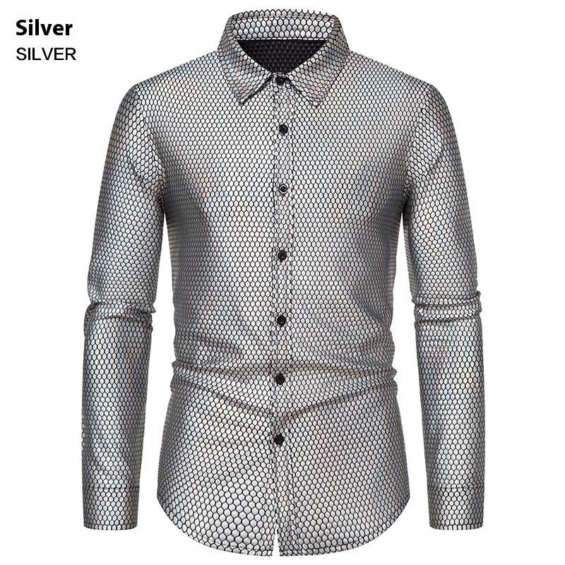 Men’s Rhombus Bronzing Printed Long Sleeve Button-down Shirt Fashion Casual