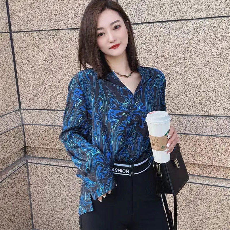 Same Style With Mall Retro Lapels V-neck Blue Ink Pattern Long Sleeve Shirt