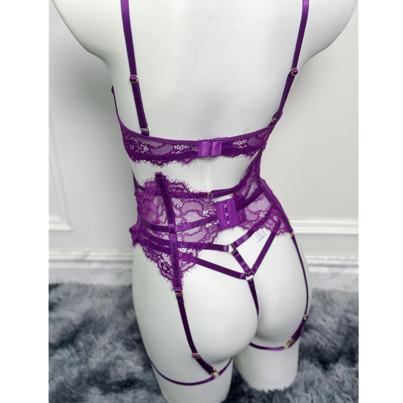 Purple Women’s Underwear Halter Lace Push Up Bra Set