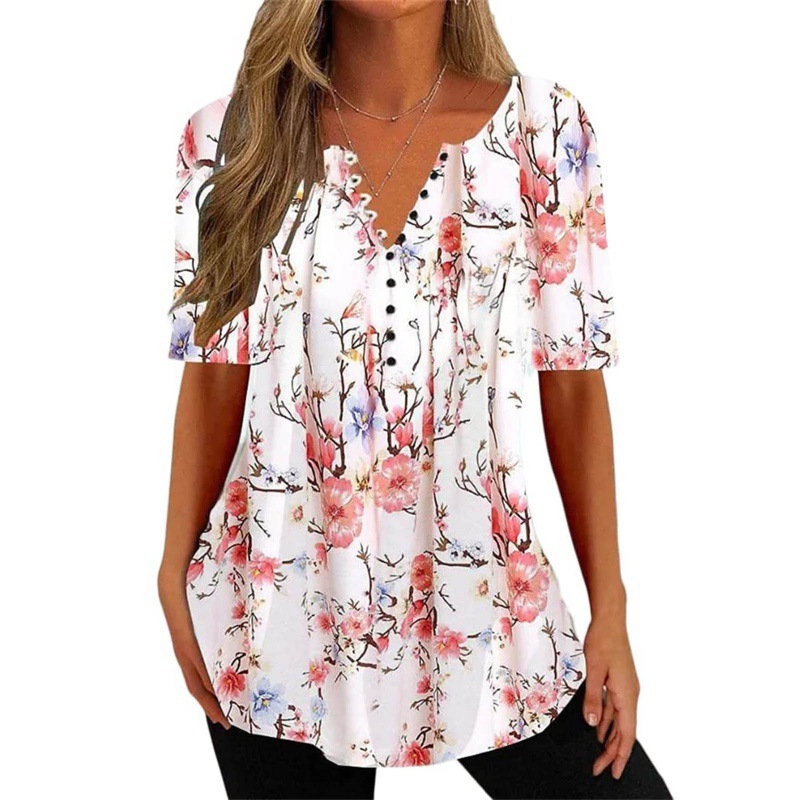 Women’s Digital Printed V-neck Button Short-sleeved Top