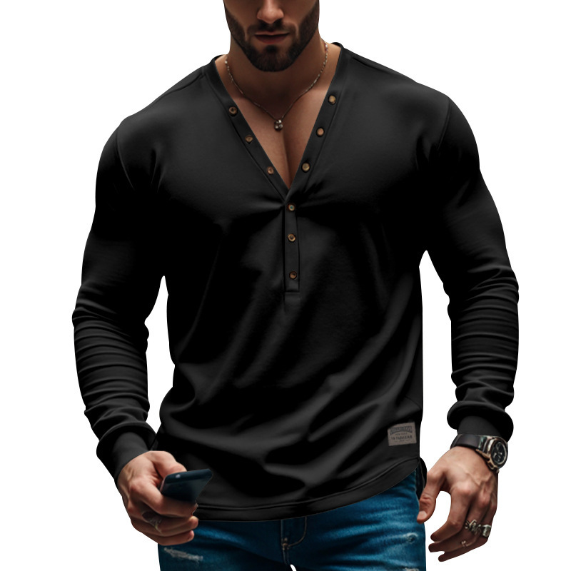 Men’s Bottoming Slim-fit Buttoned V-neck Top