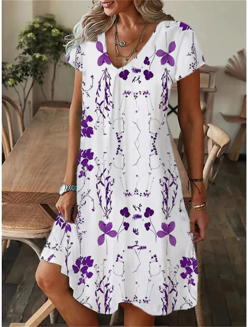 Floral 3D Printed V-neck Short Sleeve Dress