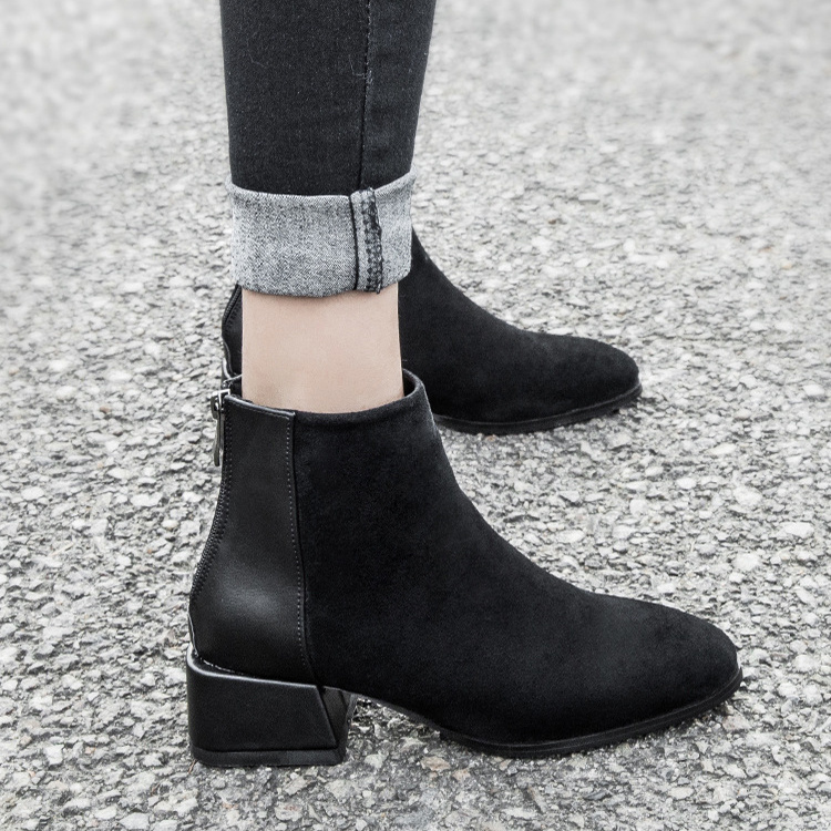 Retro Square Heel Pointed Toe Ankle Boots Fashion Versatile Chelsea Boot Women’s Shoes