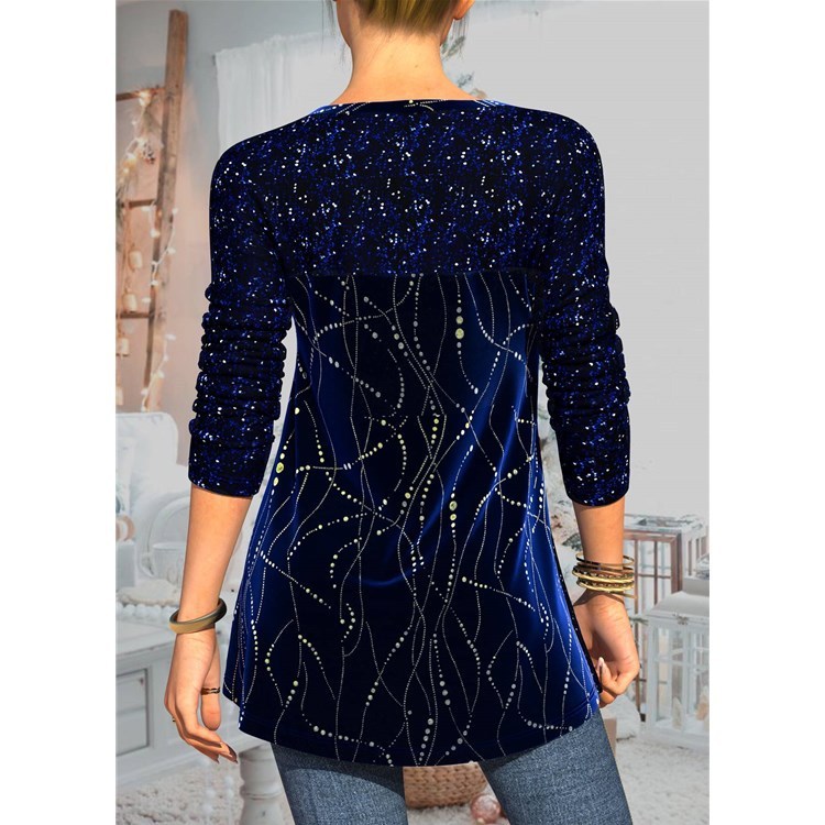 Women’s Long-sleeved Sequined Printed Pullover Loose Round Neck Street T-shirt