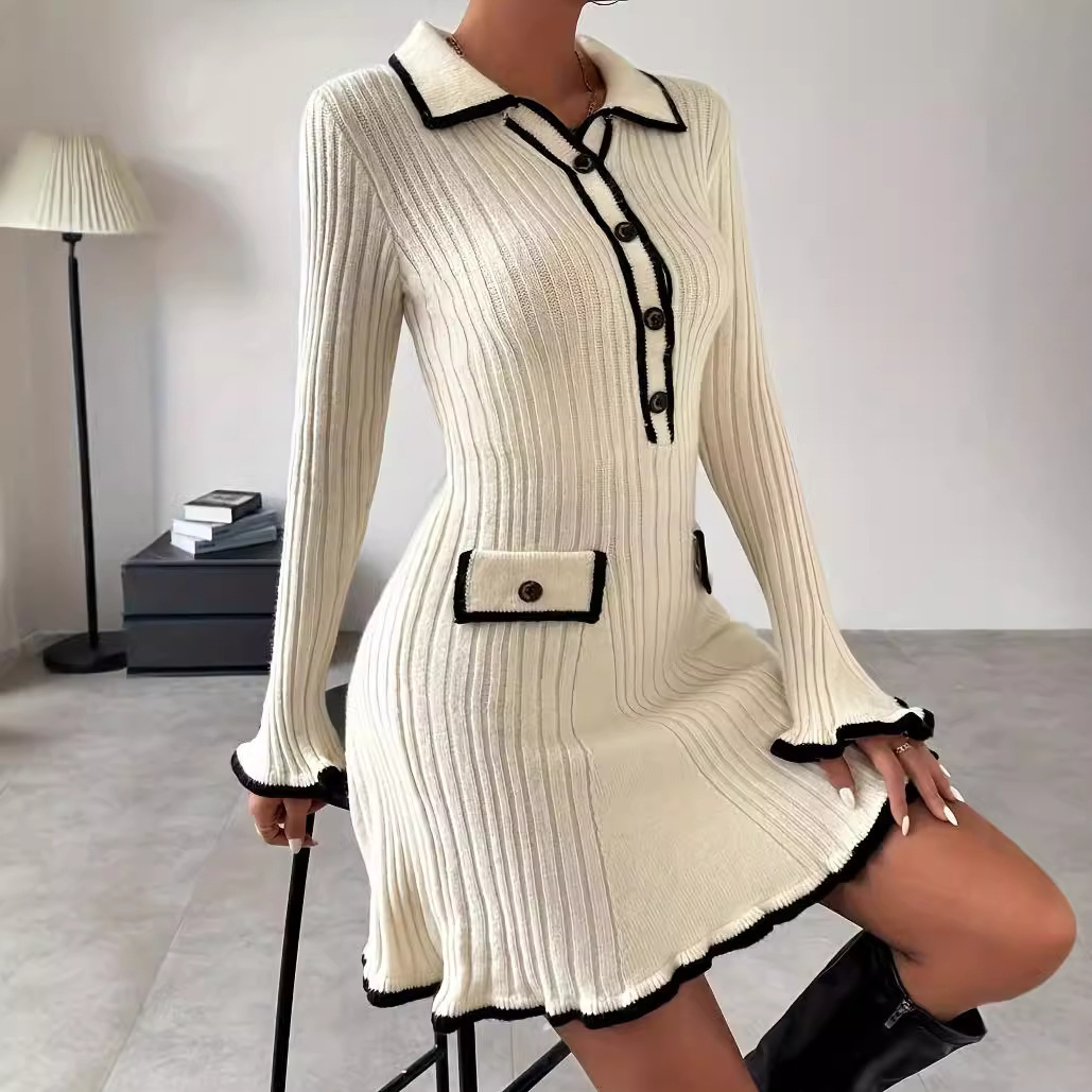 European And American Contrast Color Classic Style Elegant Slim Knit Dress