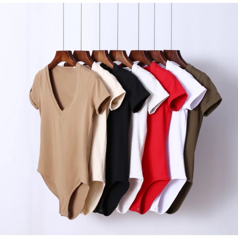 Women’s Fashion Solid Color Stretch Slim V-neck Short Sleeve Rompers