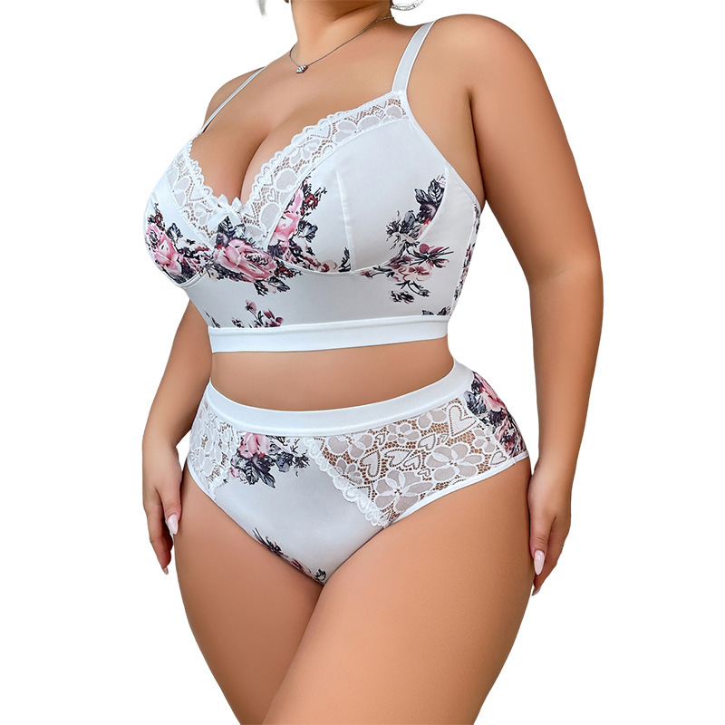 Printed Lace Stitching Pure Desire Slip Plus Size Underwear Suit