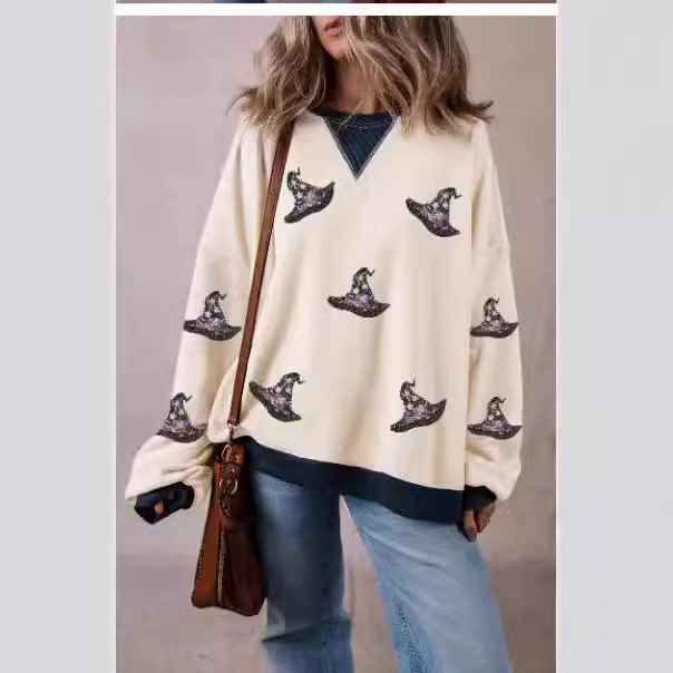 Hat Printed Sports Long Sleeve Pullover Loose Round Neck Sweater