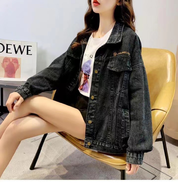 Loose Embroidered Lettered Black Denim Jacket Slimming Jacket Coat For Women