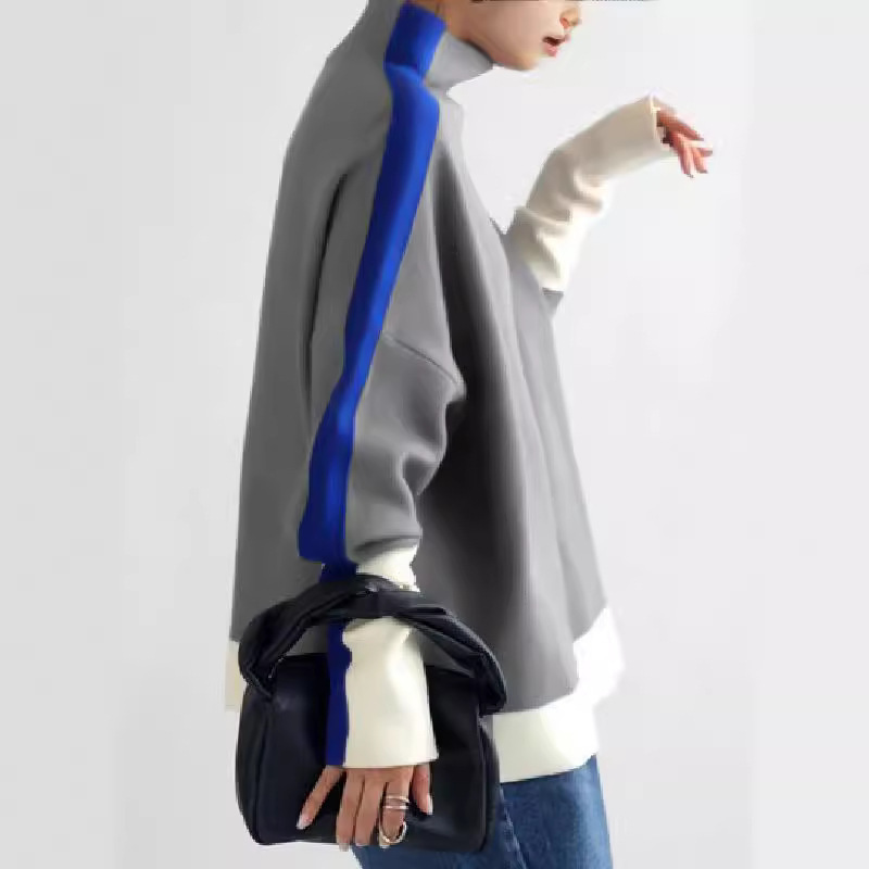 Long Sleeve Contrast Color Slit Turtleneck Hoodie And Sweatshirt