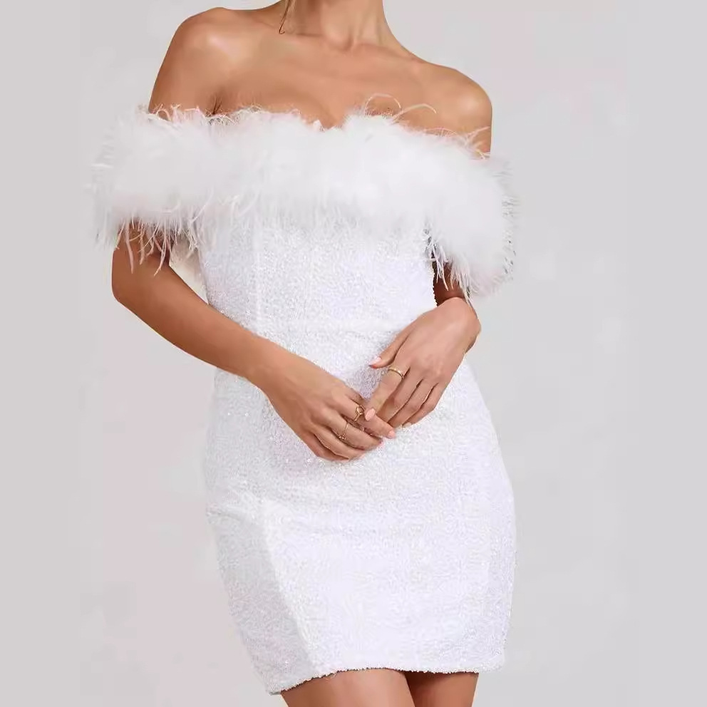 Feather Sequins Tube Top Package Hip Dress