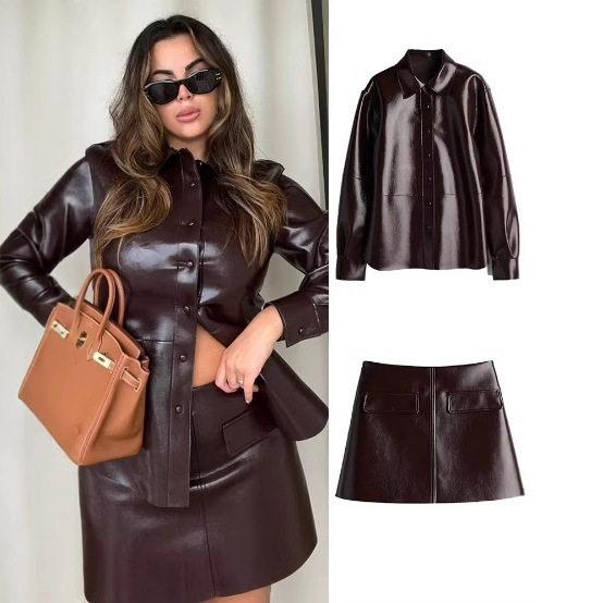 Women’s Lapel Button PU Coat Mini Skirt Two-piece Set