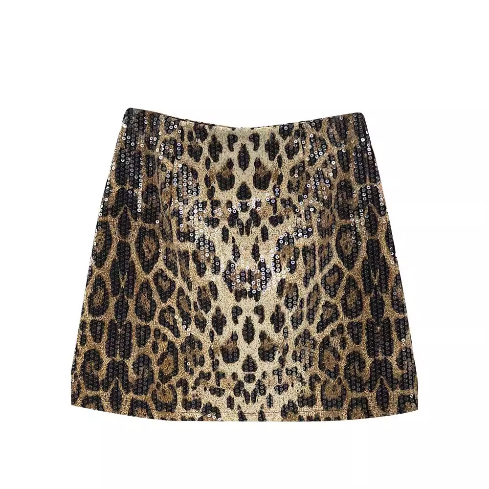 American Hot Girl Leopard Print Sequined Skirt For Women