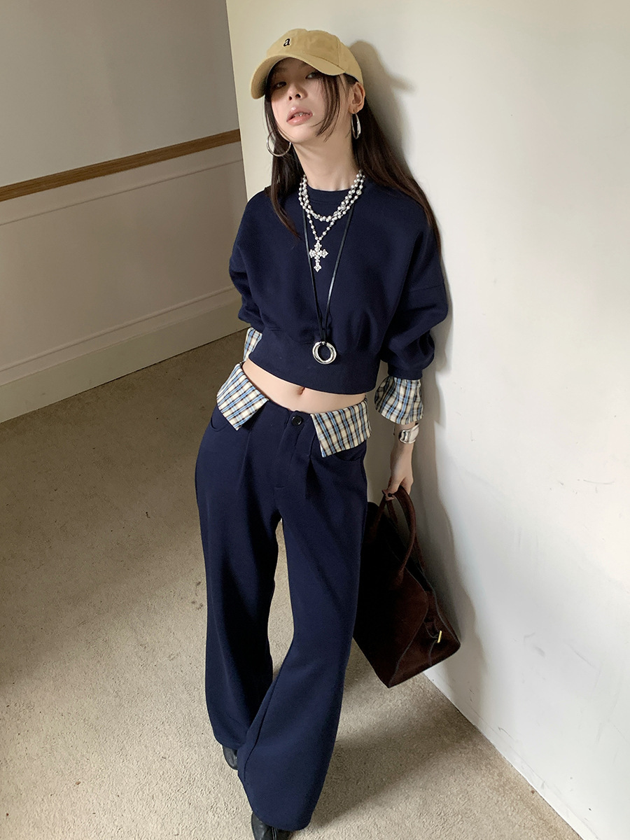 Casual Plaid Stitching Loose Sweater Suit