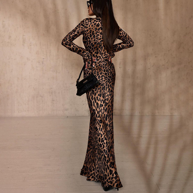 Round Neck Leopard Print High Waist Slim Fit Dress