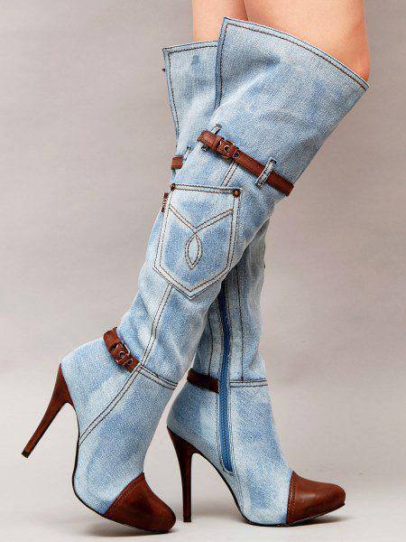 Women’s Denim Plus Size Boots Stitching High Heel Knee-high Boots