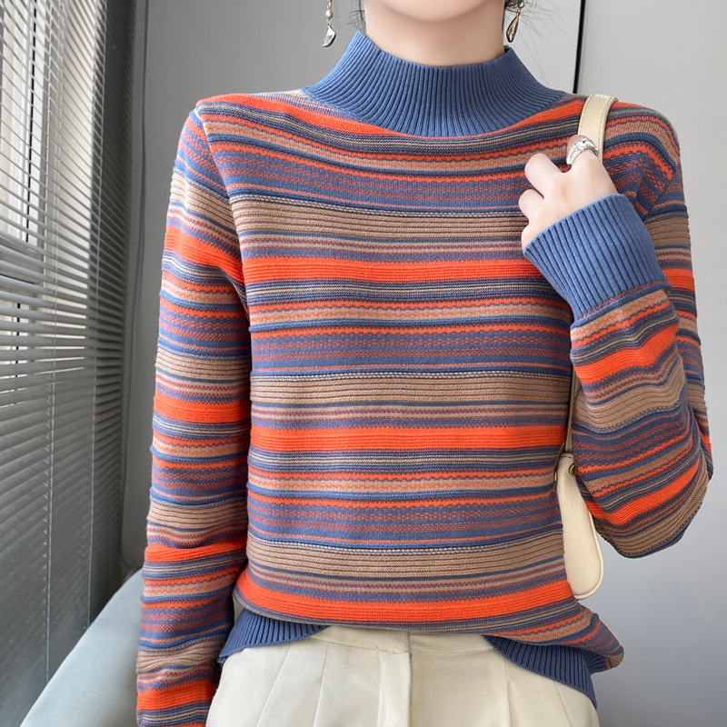 Mock-neck Stripes Wool Knitted Pullover Thick Sweater