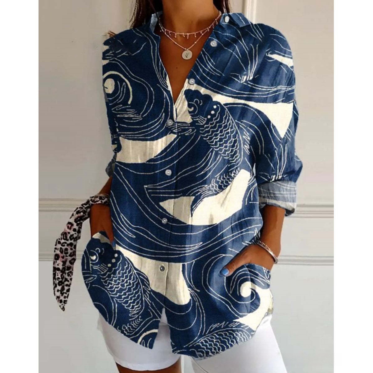 3D Color Matching Printing Pattern Autumn Leisure Loose Shirt Button Top