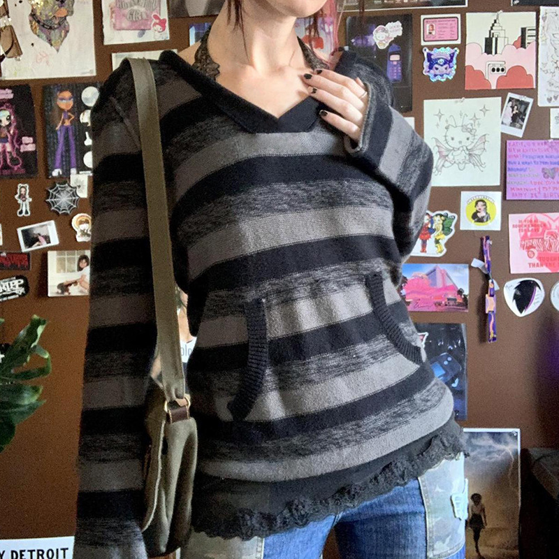 American Street Contrast Color Striped Loose Sweater