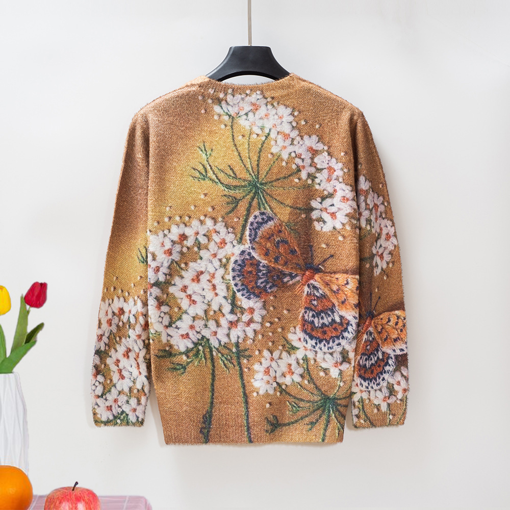 All-matching Three-dimensional Vintage Print Loose Sweater