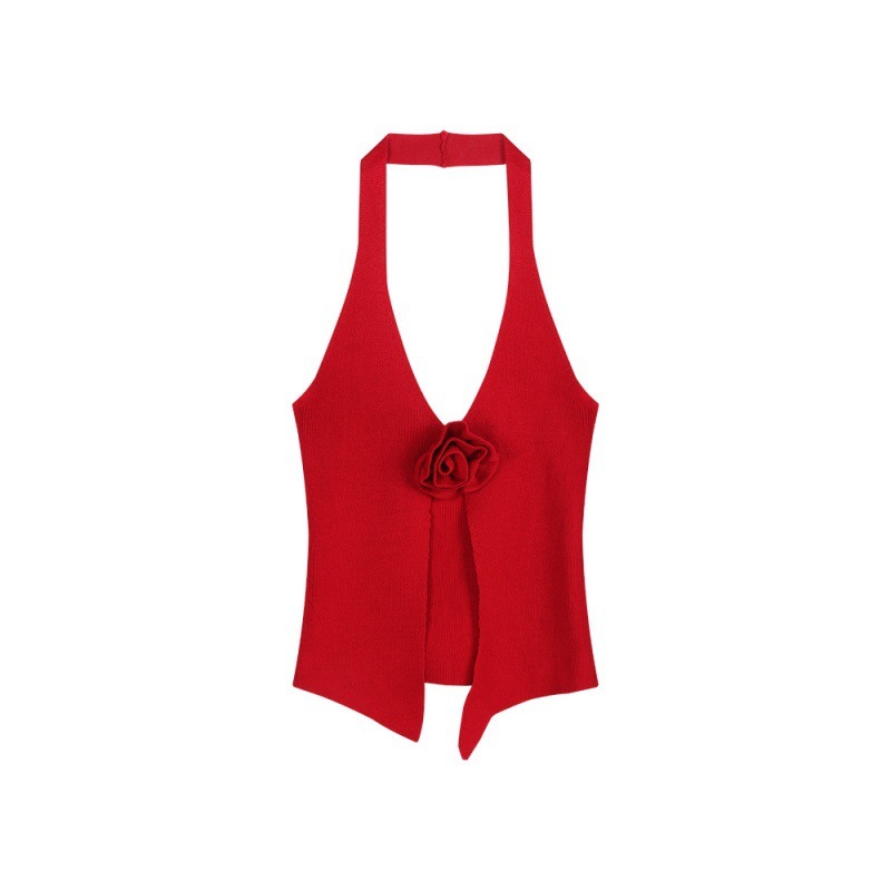 Three-dimensional Flower Knitted Halter Spaghetti Straps Vest