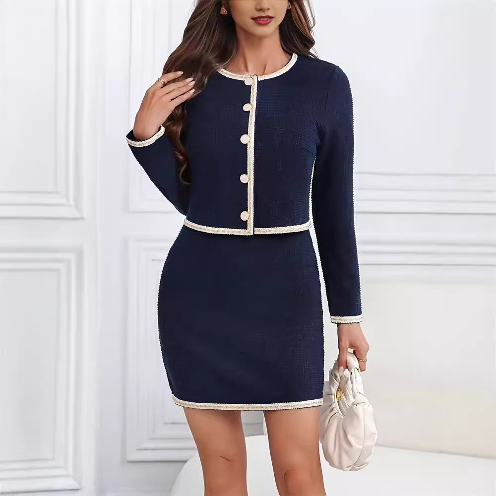 Autumn And Winter Elegant Fashion Commuter Round Neck Button Chanel Style Short Coat Mid-length Dress Set