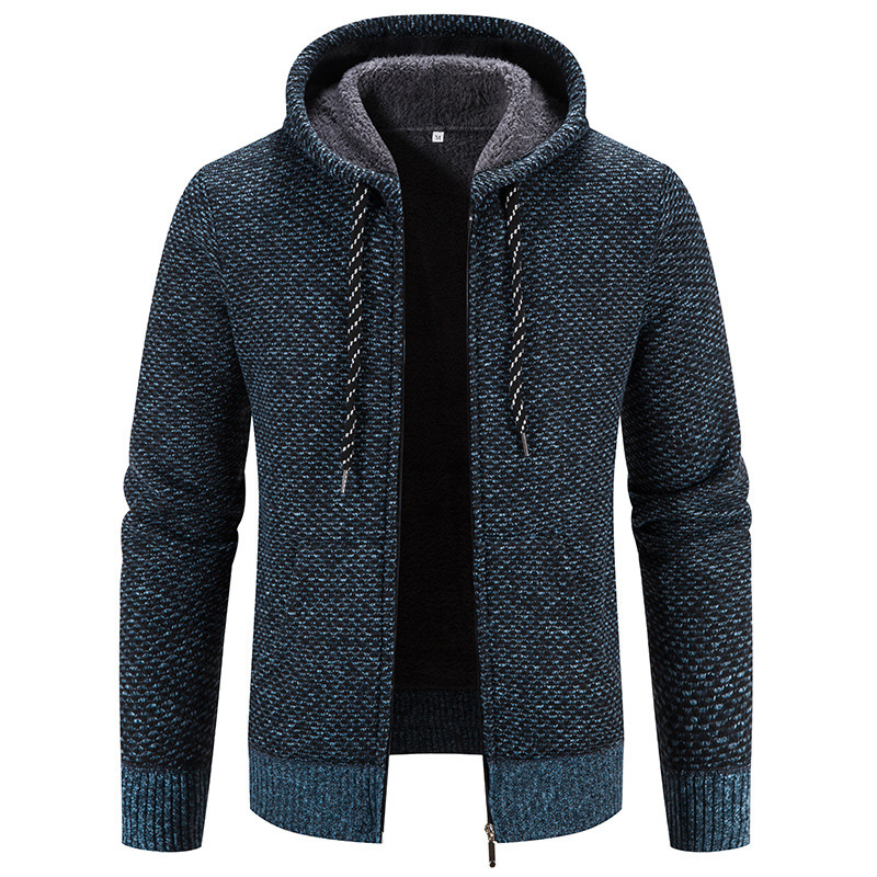 Men’s Cardigan Coat Fleece-lined Thick Hooded Solid Color Sweater