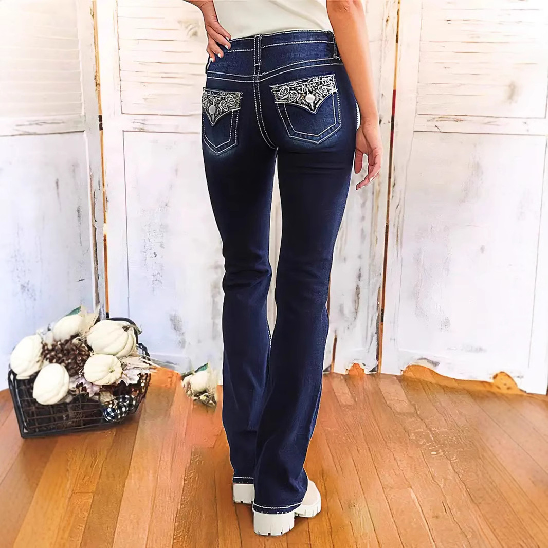 Women’s Fashion Embroidered Denim Trousers Retro