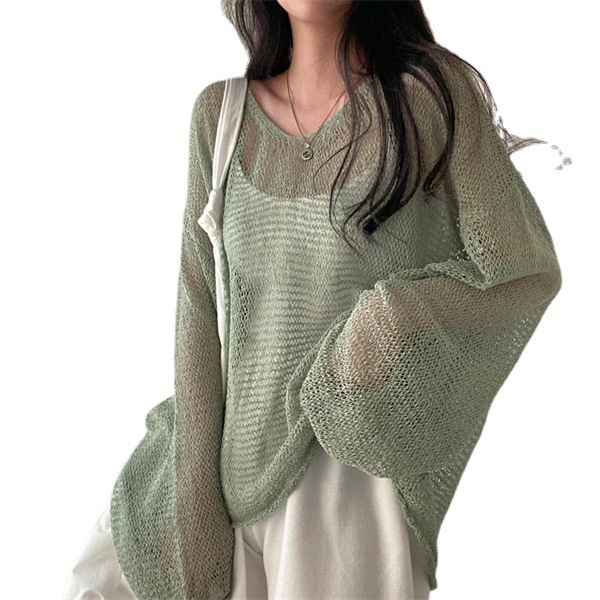 Loose Long Sleeve Hollow Thin Knitted Smock Top