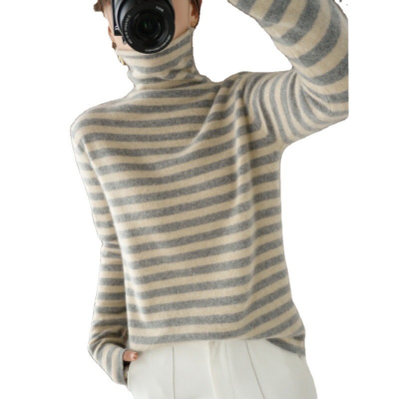 Striped Heap Collar Long Sleeves Sweater Loose All-match Wool Knitted Bottoming Shirt For Women