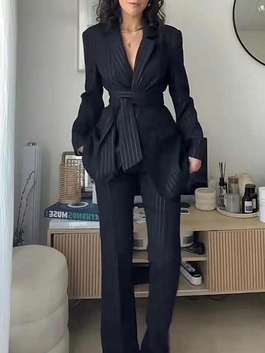 Striped Strappy Blazer & High-waisted Pants Suit