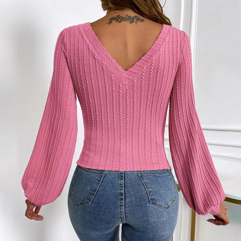 Women’s Long-sleeved Shirt Tight Low Collar Lantern Sleeve Sweater